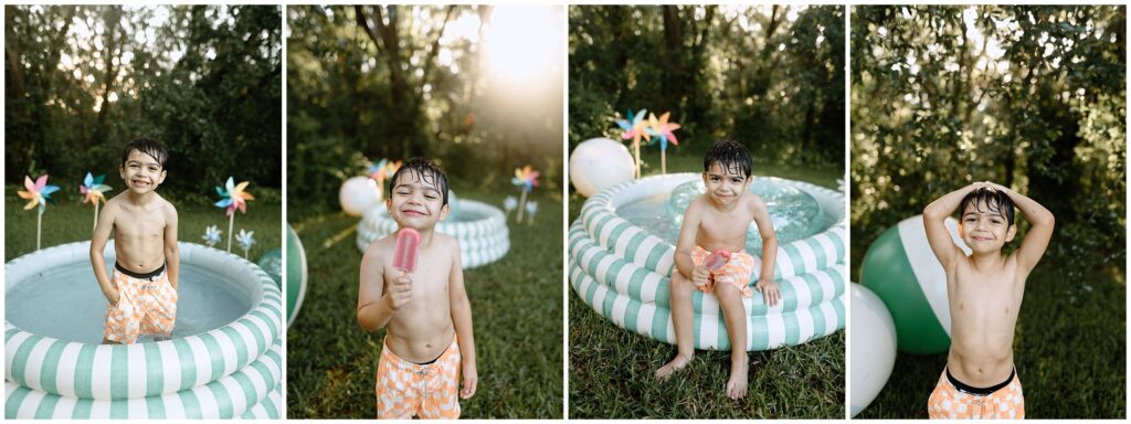 Brothers splashing in the inflatable pool during summer photo session