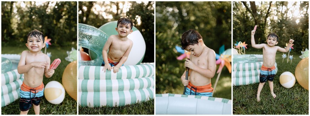 Brothers having fun with blow-up balls in the pool