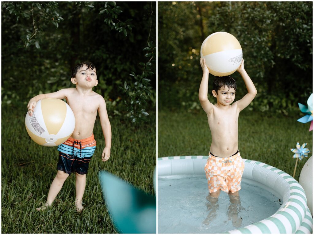 Brothers having fun with blow-up balls in the pool