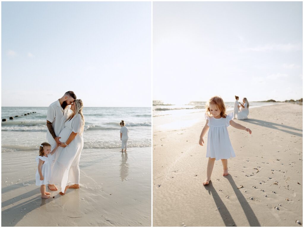 Blonde pregnant mom, husband, daughter, and son in matching white outfits on the Tampa beach