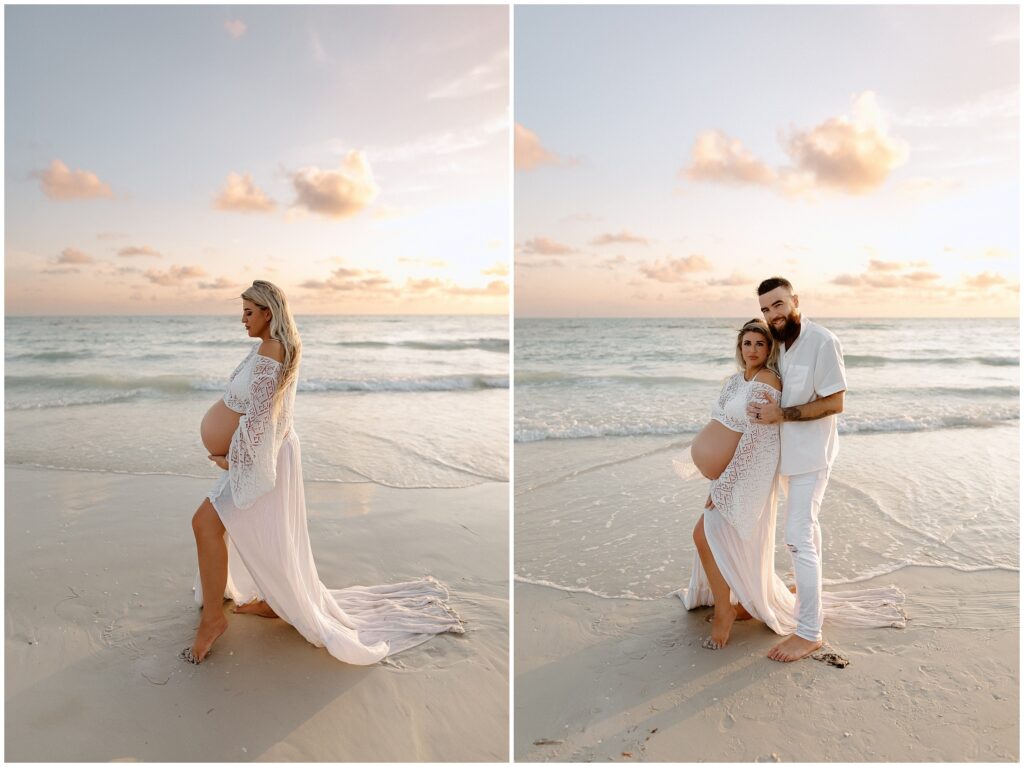 Dad in white shirt with mom in two-piece outfit on the Tampa beach