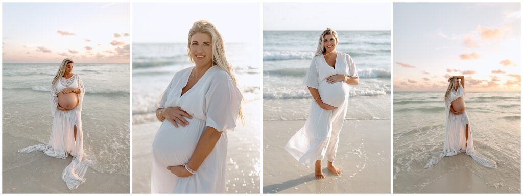 Blonde pregnant woman in white on beach during golden hour at Tampa beach