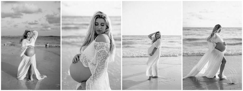 Black and white portraits of blonde pregnant woman at Tampa Beach in white skirt