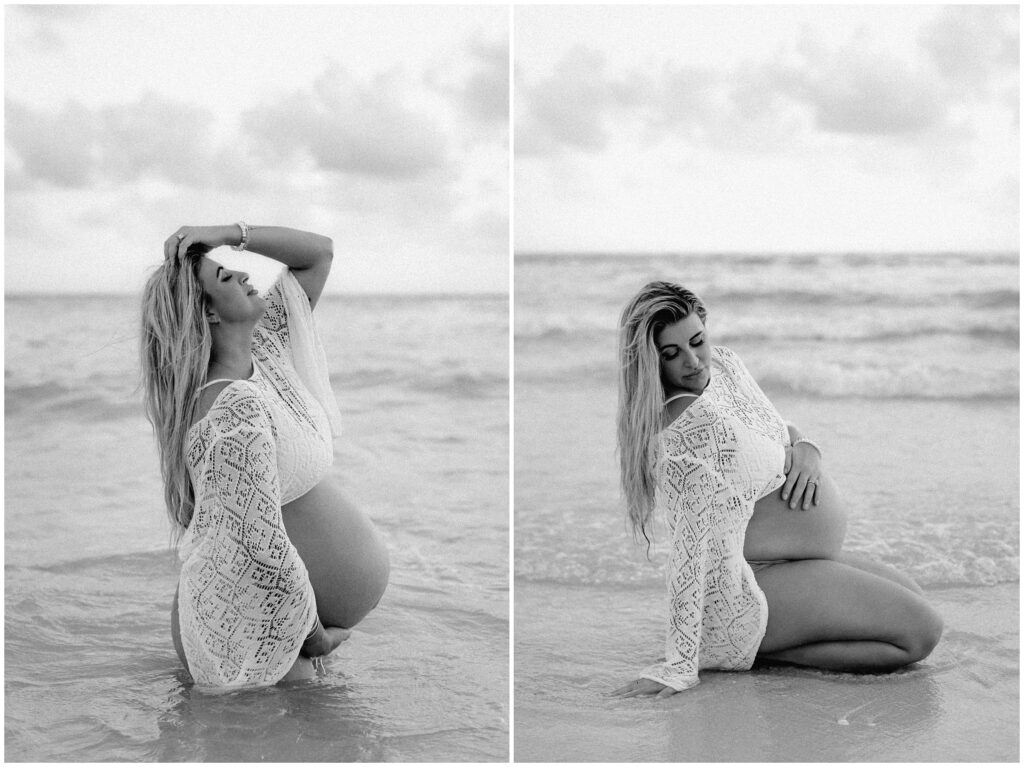 Black and white portraits of blonde woman in white top and bikini on sitting on beach in water at Tampa 