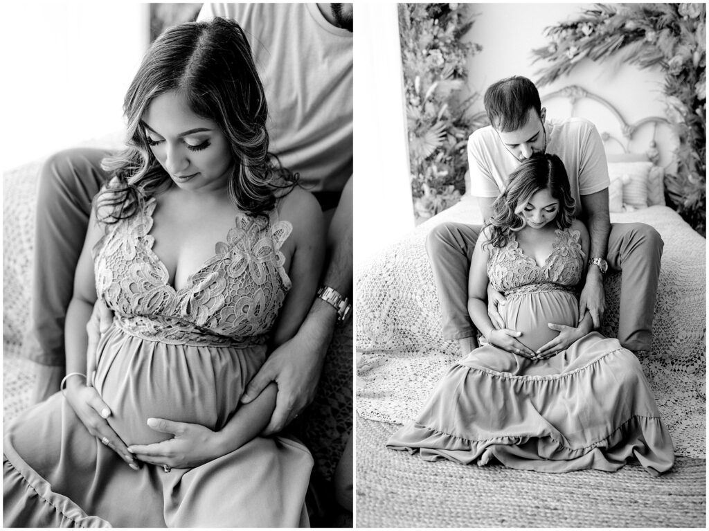 Black and white close up portraits of pregnant woman sitting on ground holding belly with husband at Vibe Studio Spring Hill in Florida