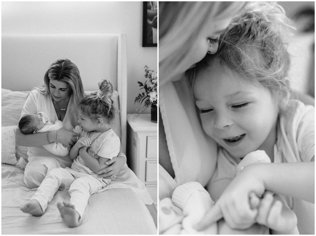 Black and white close up portraits of mom with two sons during in home newborn lifestyle photo session in Florida