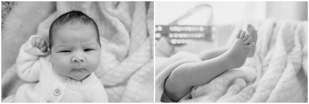 Black and white detail photos of newborn baby boy