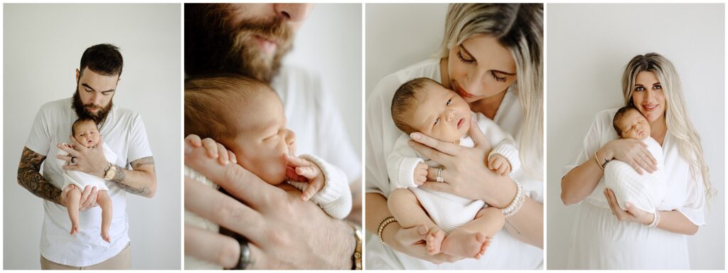 Close up images of mom and dad holding newborn baby boy in home newborn lifestyle photo session in Florida