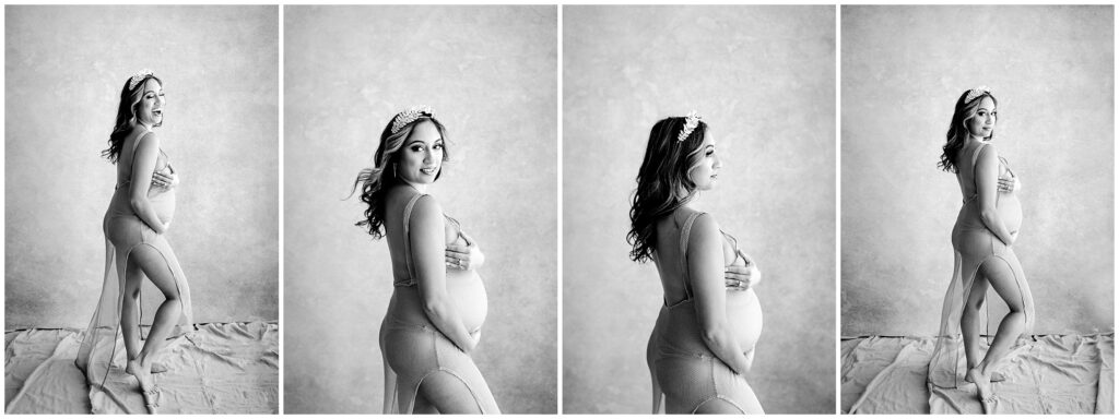 Black and white portraits of pregnant woman in floral tiara at Vibe Studio Spring Hill in Florida