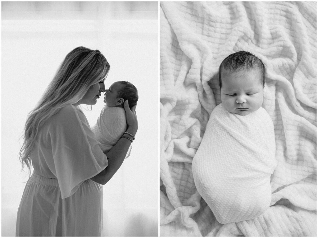 Black and white portrait of swaddled newborn boy in home newborn lifestyle photo session in Florida