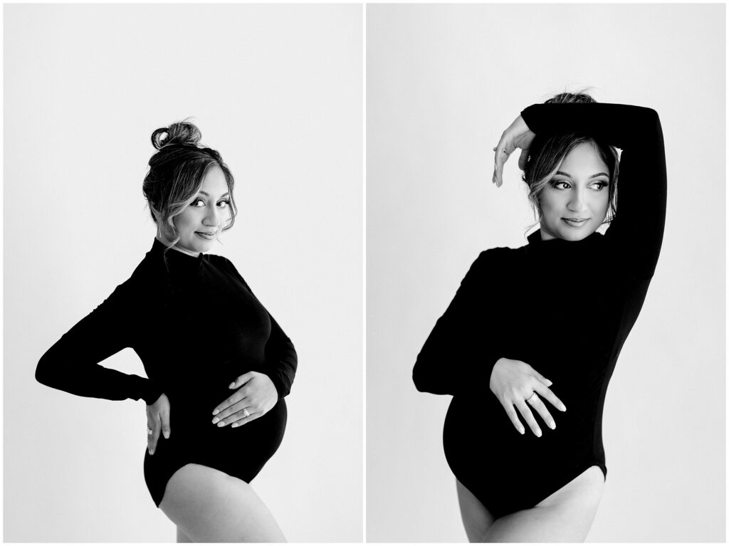 Black and white portraits of pregnant woman in black bodysuit at Vibe Studio Spring Hill in Florida