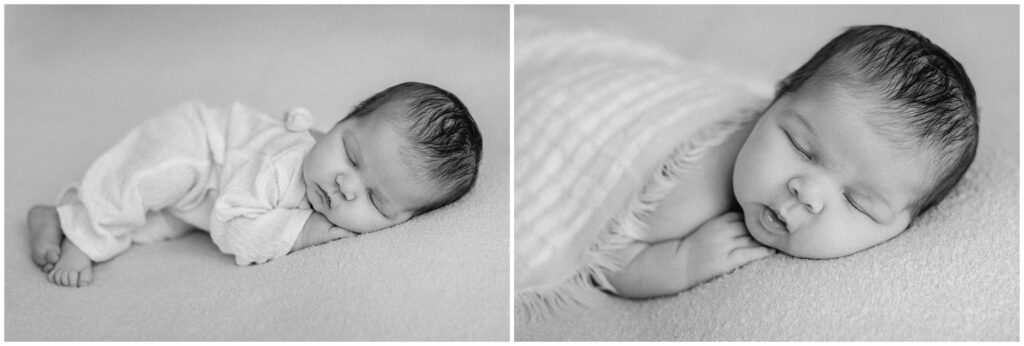 Close up black and white portraits of sleeping newborn baby boy