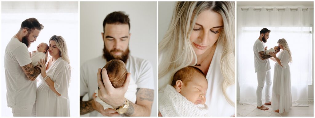 Close up portraits of mom and dad with baby in home newborn lifestyle photo session in Florida