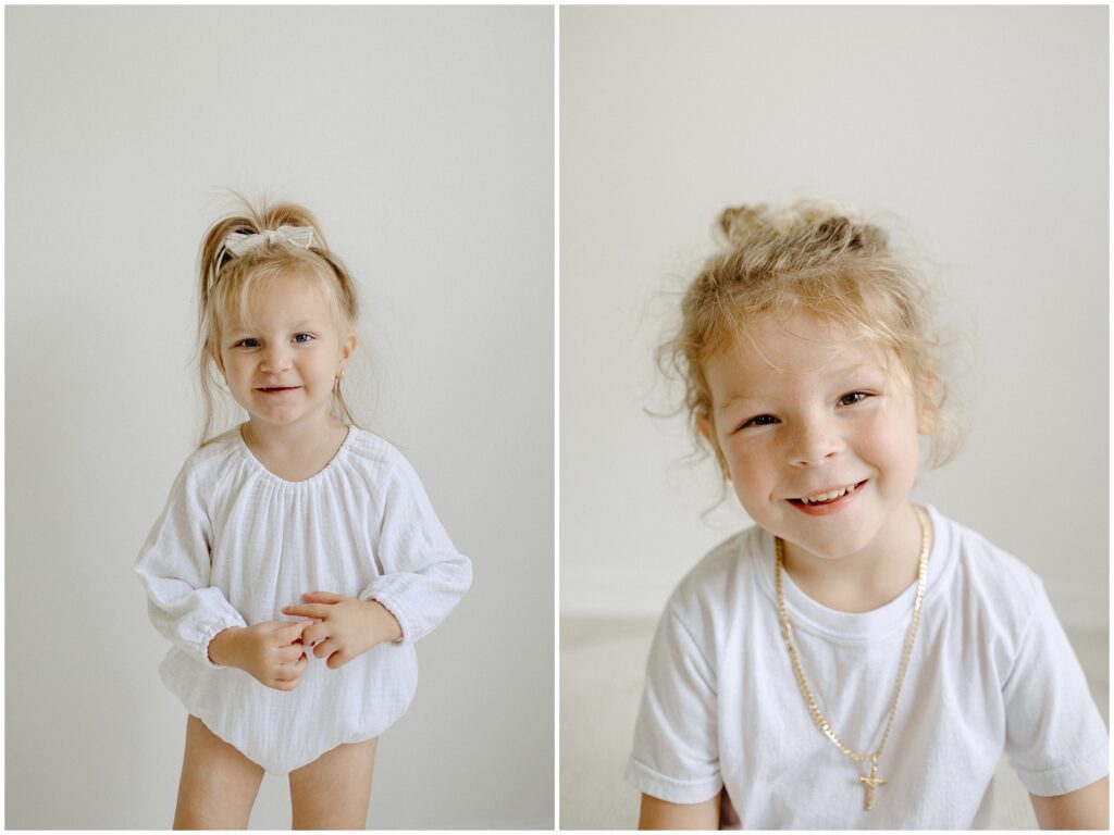 Smiling little kids during in home newborn lifestyle session wearing white