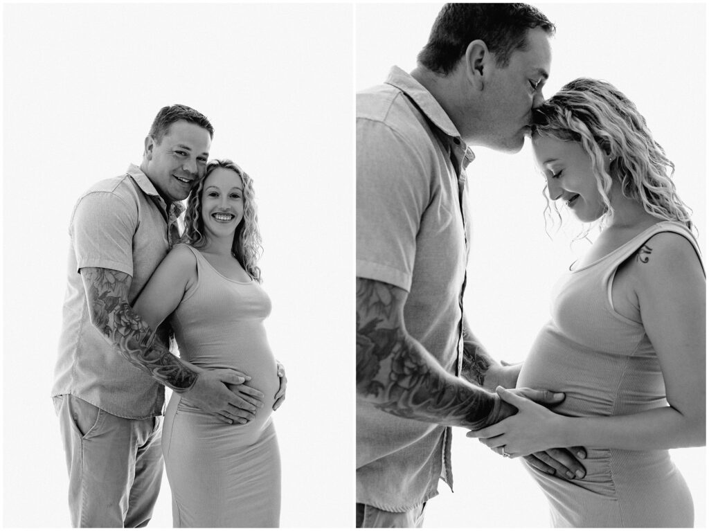 Black and white images of pregnant woman in a nude dress with her partner hugging her at Spring Hill Studio.