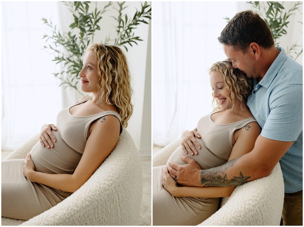 Close up portraits of pregnant woman in nude dress during maternity session 