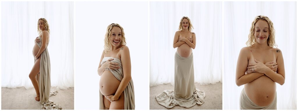 Maternity session with pregnant woman in nude fabric skirt, topless, holding belly at Spring Hill Studio in Florida