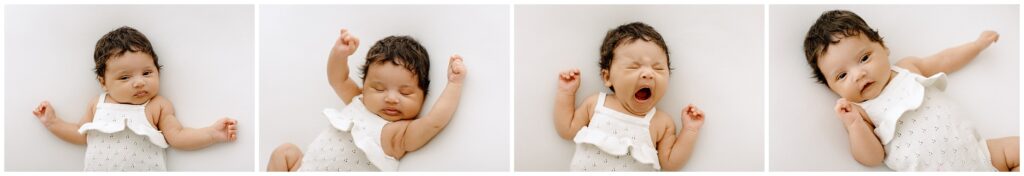 Yawning newborn baby girl in white newborn session at Spring Hill Studio in Florida