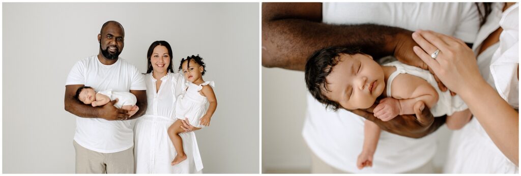 Family of 4 wearing white during newborn session at Spring Hill Studio in Florida