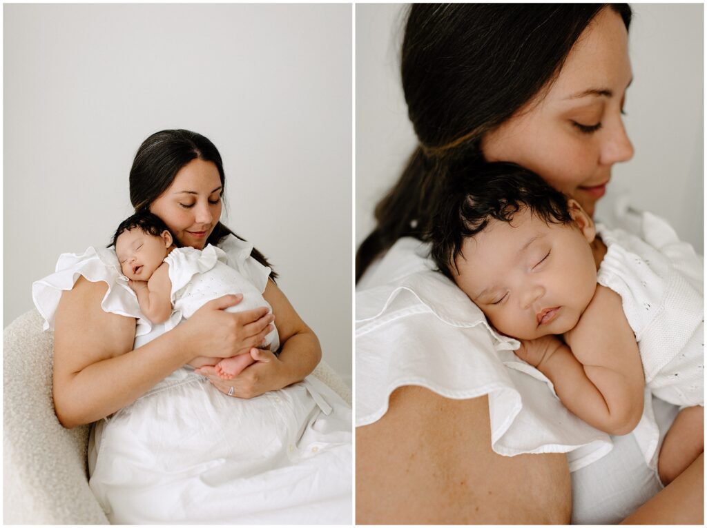 Mom in white dress snuggling with newborn baby with dark hair newborn session at Spring Hill Studio in Florida