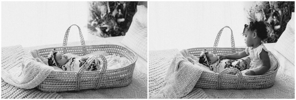 Black and white photos of newborn little girl swaddled in floral swaddle in basket newborn session at Spring Hill Studio in Florida