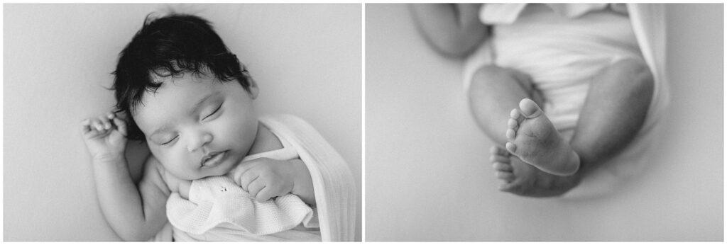 Black and white photos of details of newborn baby girl 